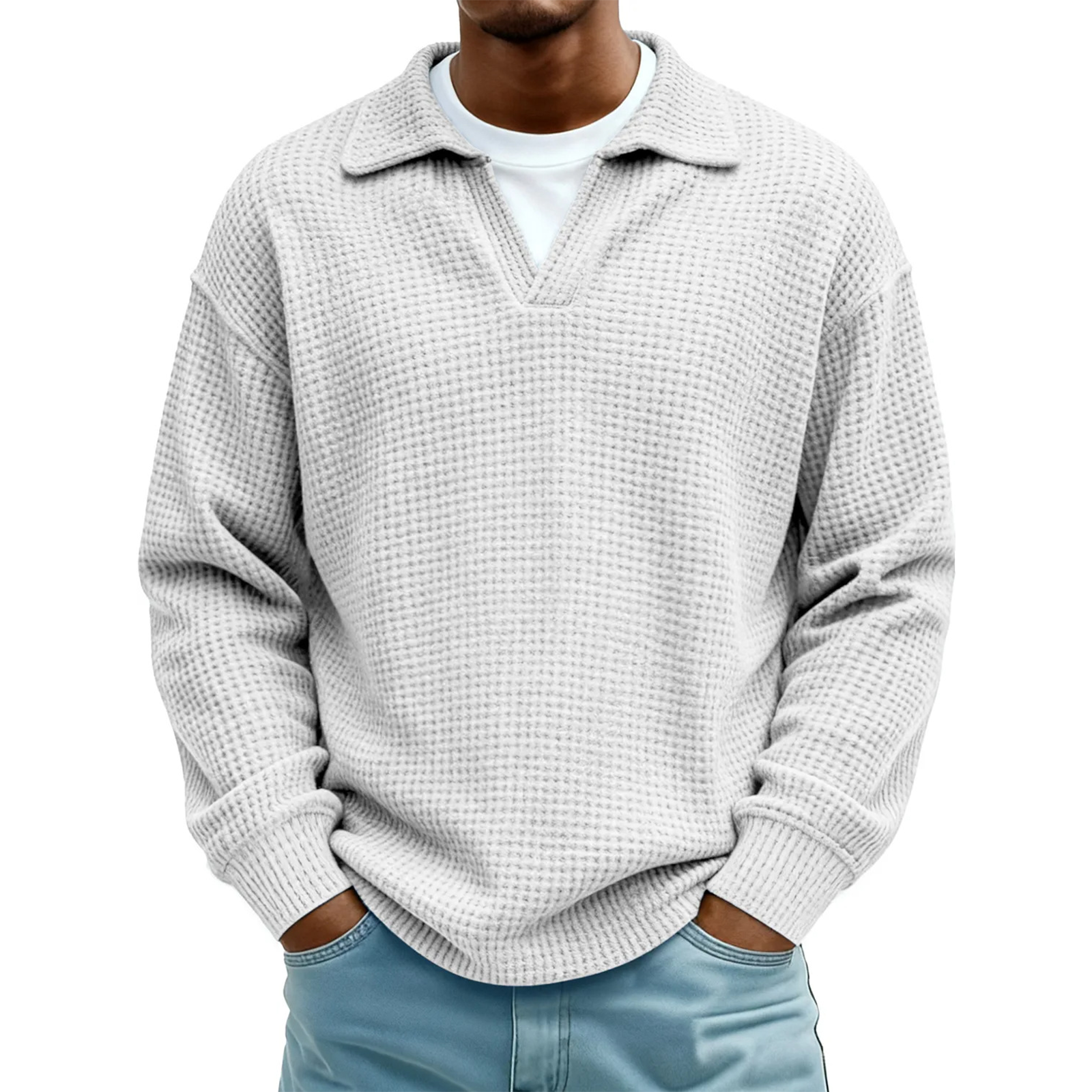Men's Waffle Knit Long Sleeve Polo Sweater
