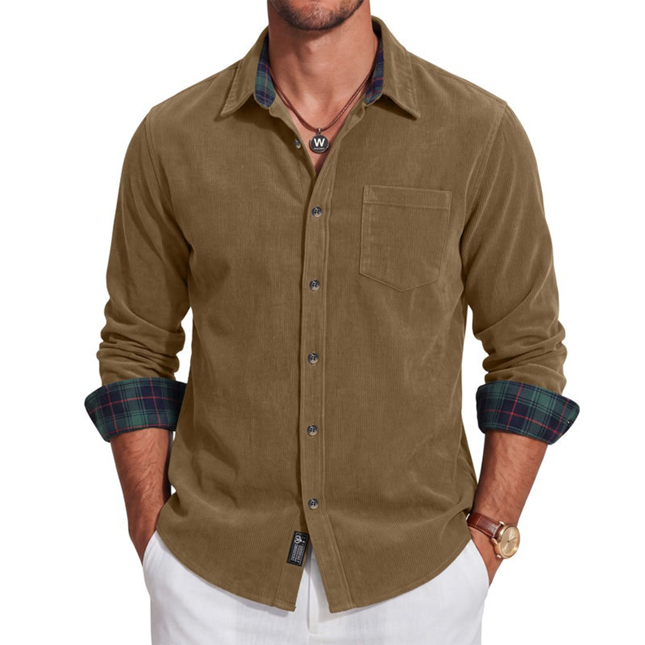 Men's Corduroy Button-Up Shirt with Plaid Trim