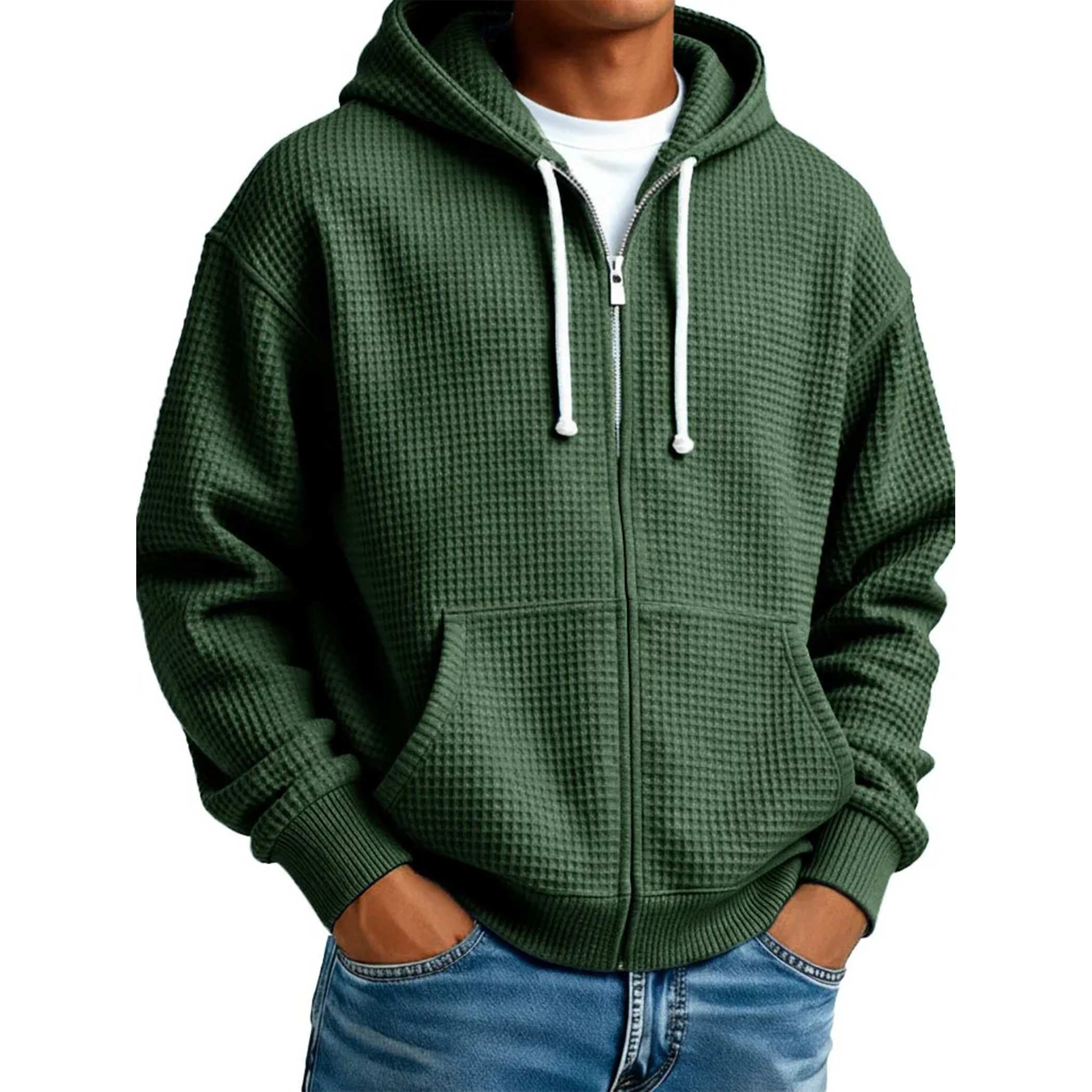 Men's Waffle Knit Full-Zip Long Sleeve Hoodie