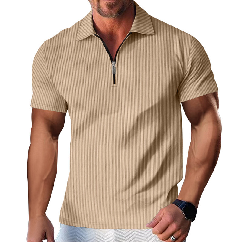 Men's Casual Striped Zip Short Sleeve Polo Shirt