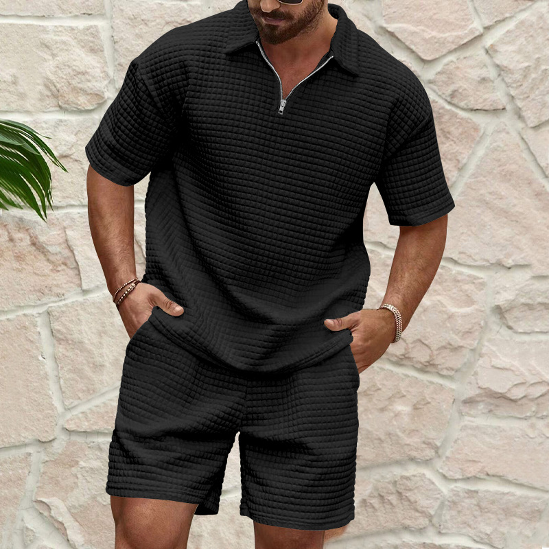 Men's Waffle Polo Tracksuit Two-Piece Set