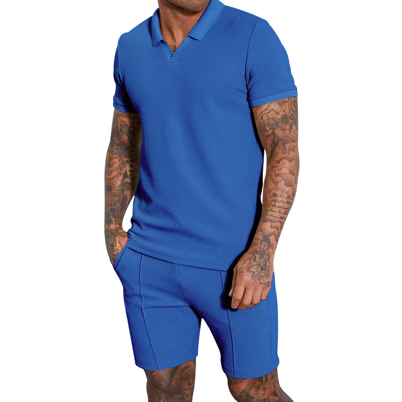 Men's Waffle Knit V-neck Short Sleeve Two Piece Set