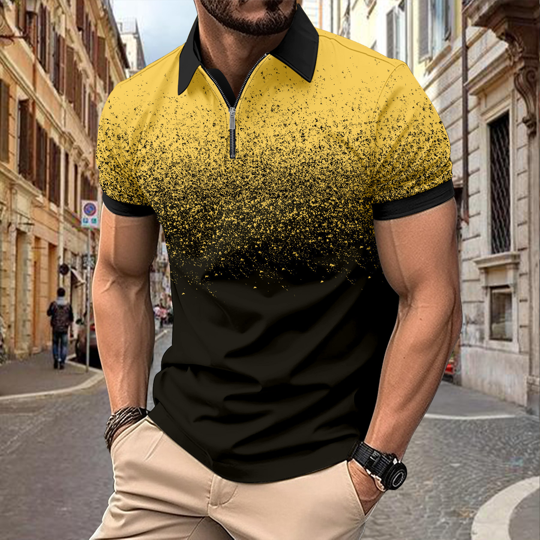 Men's Gradient Printed Zipper Short Sleeve Polo Shirt