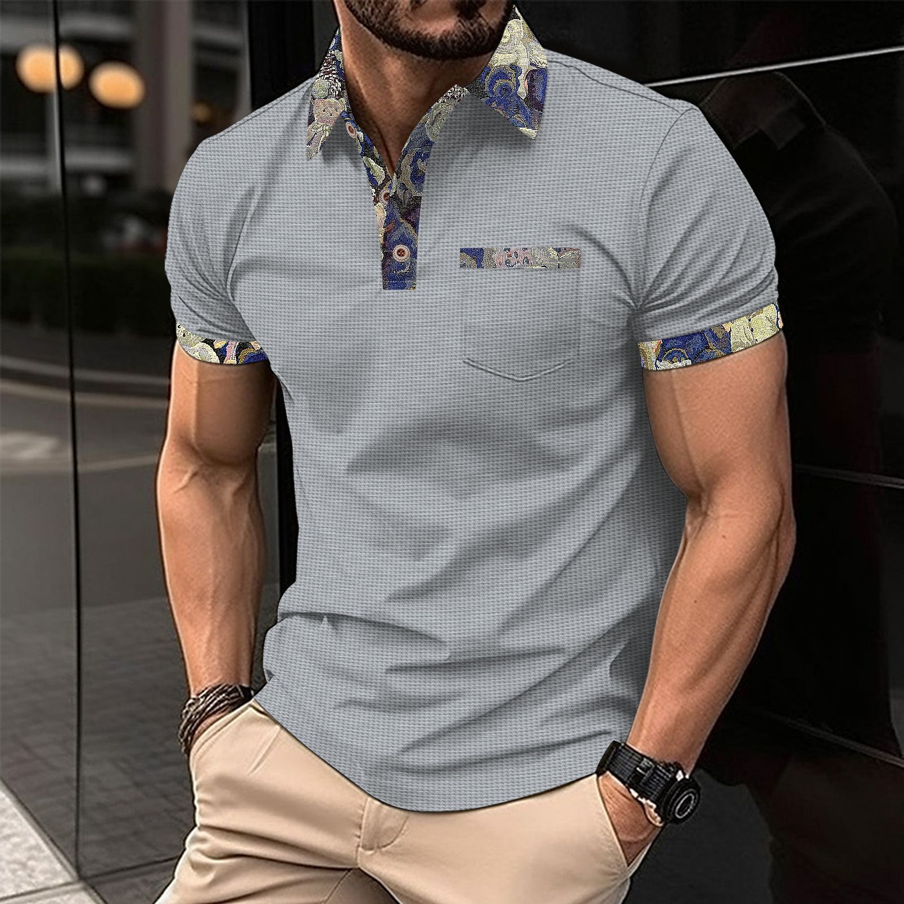 Men's Color Block Waffle Knit Pocket Short Sleeve Casual T-Shirt