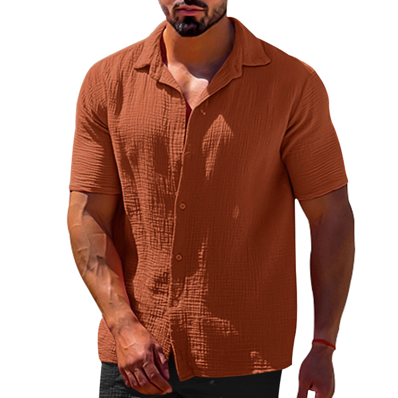 Men's Short Sleeve Button-Up Linen Shirt with Turn-Down Collar