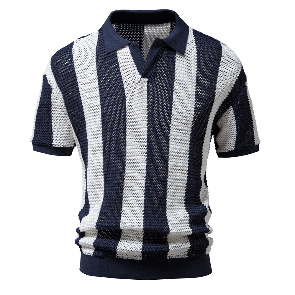 Men's Trendy Striped Mesh Polo Shirt - Summer Short Sleeve Hollow Out Design
