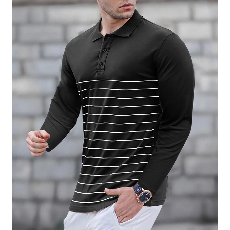 Autumn Winter Long-Sleeve Polo Shirt for Men, Striped Print Turn-Down Collar