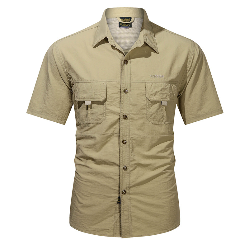 Men's Military Style Cotton Work Shirt – Slim Fit Short Sleeve