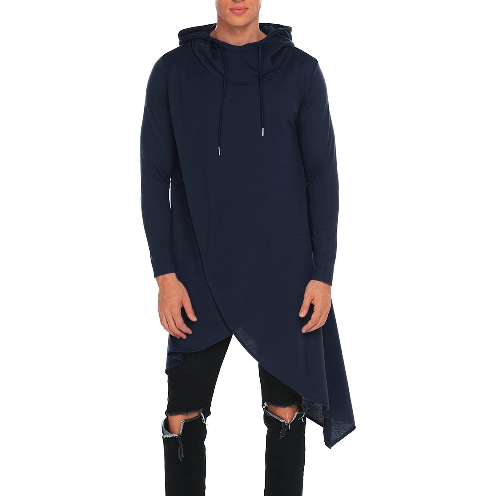 Men Plus Solid Drawstring Hooded Asymmetrical Hem Longline Sweatshirt