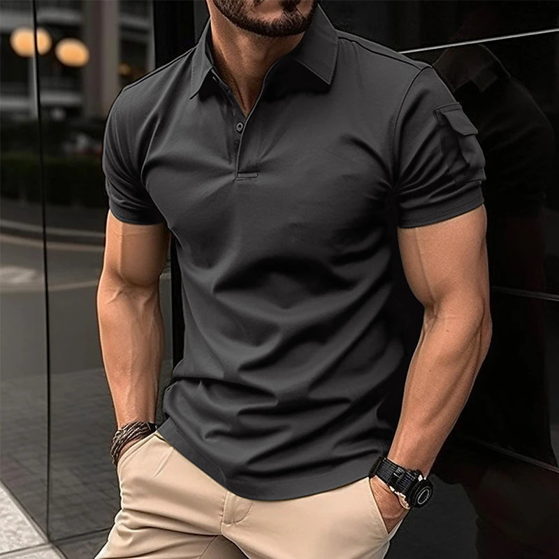 Men's Solid Color Short Sleeve Polo Shirt with Arm Pocket