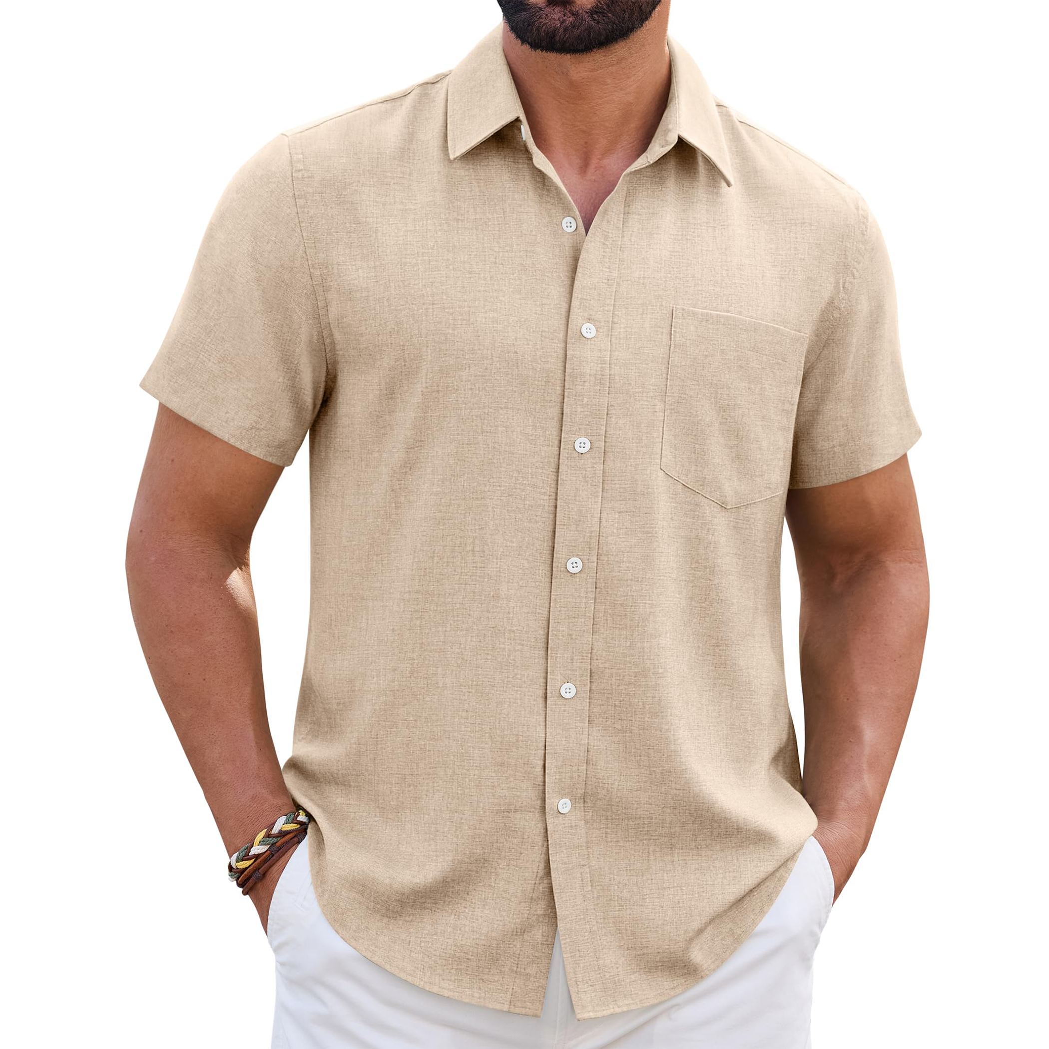 Men's Linen Short Sleeve Shirt with Chest Pocket