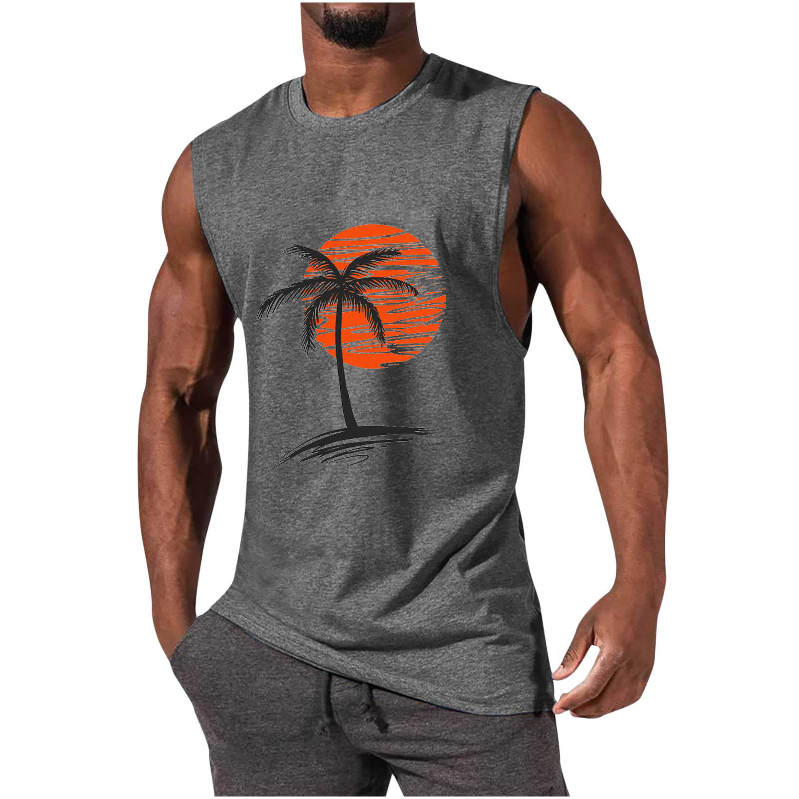 Men's Sleeveless Muscle Tank Top with Coconut Tree Print - Athletic and Casual Style