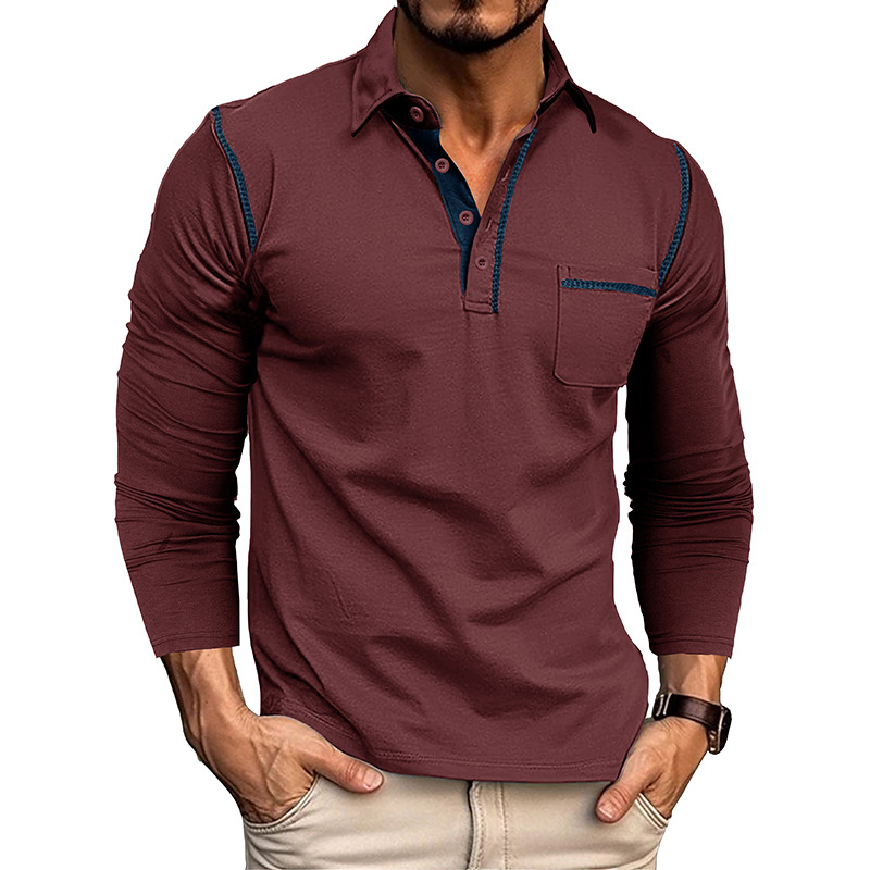 Men's Casual Long Sleeve Polo – American Style Color Block T-Shirt