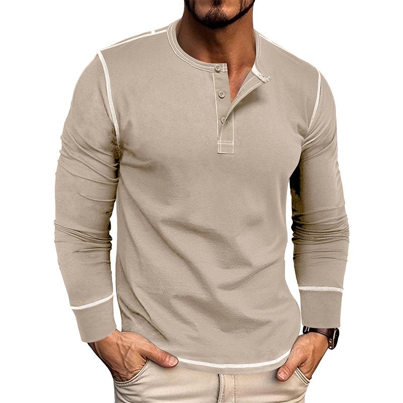Men's Long Sleeve Henley Shirt - Color Block Crew Neck Tee