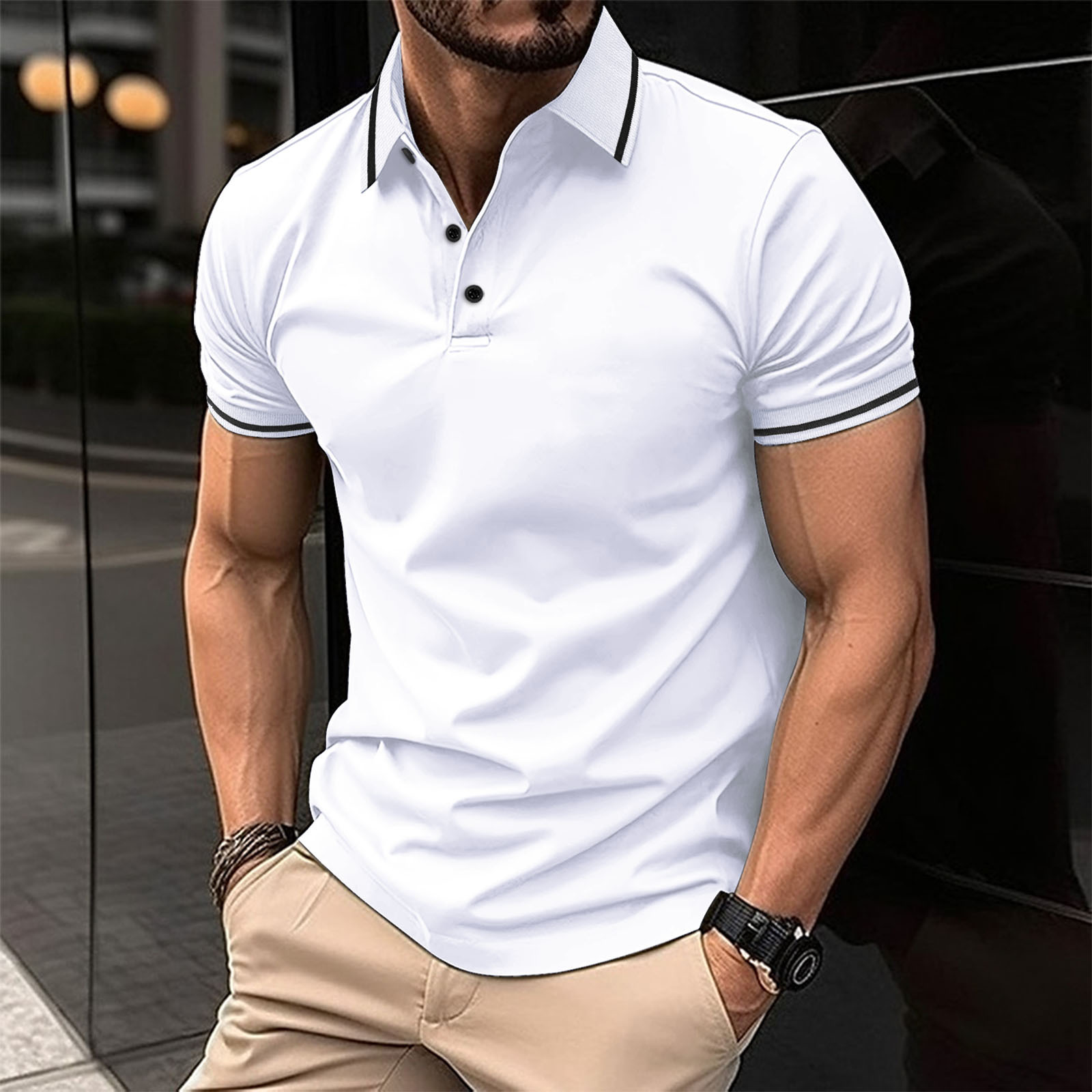 Men's Solid Color Buttoned Ribbed Collar Short Sleeve Polo Shirt