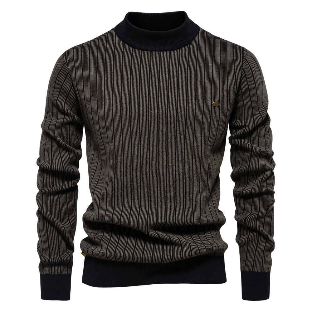 Men's Slim Fit Striped Sweater - Half Turtleneck Pullover for Winter