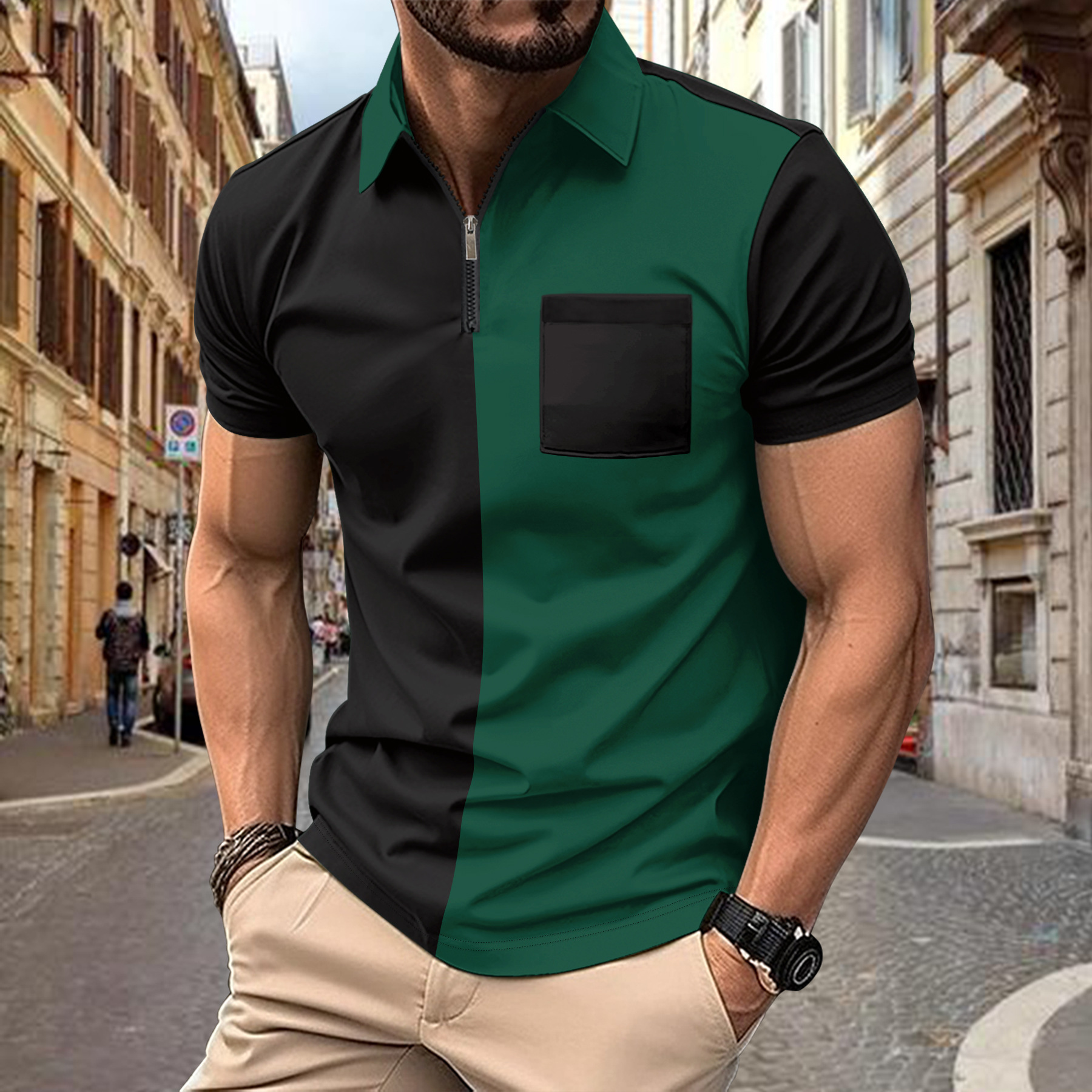 Men's Casual Half-Zip Lapel Short Sleeve Polo Shirt
