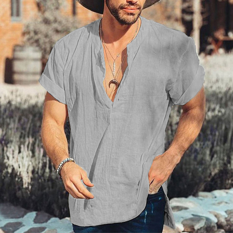 Men's Solid Colo Cotton Linen Short Sleeve Shirt