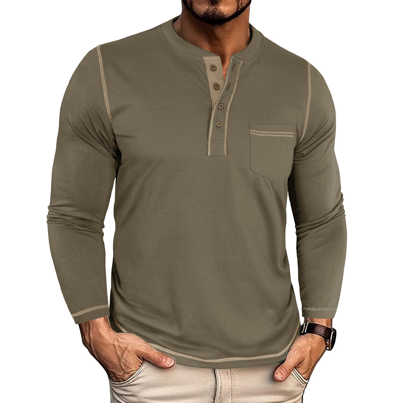 Men's Vintage Colorblock Henley Pocket T-Shirt
