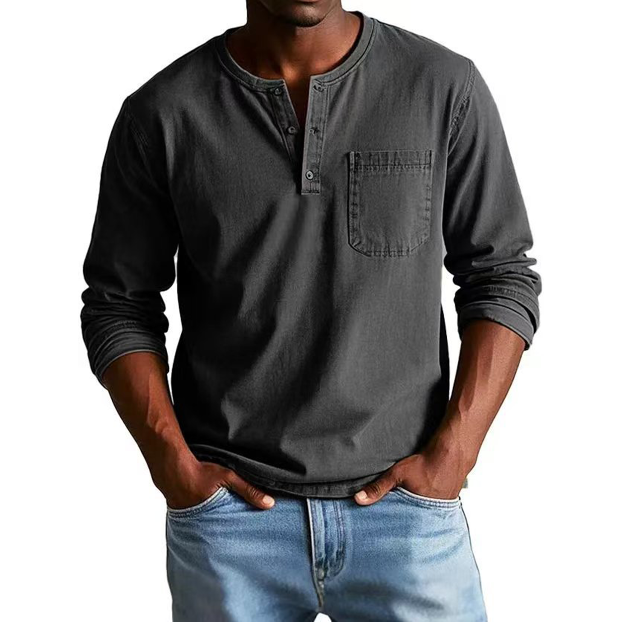 Men's Vintage Distressed Pocket Long Sleeve Henley Shirt