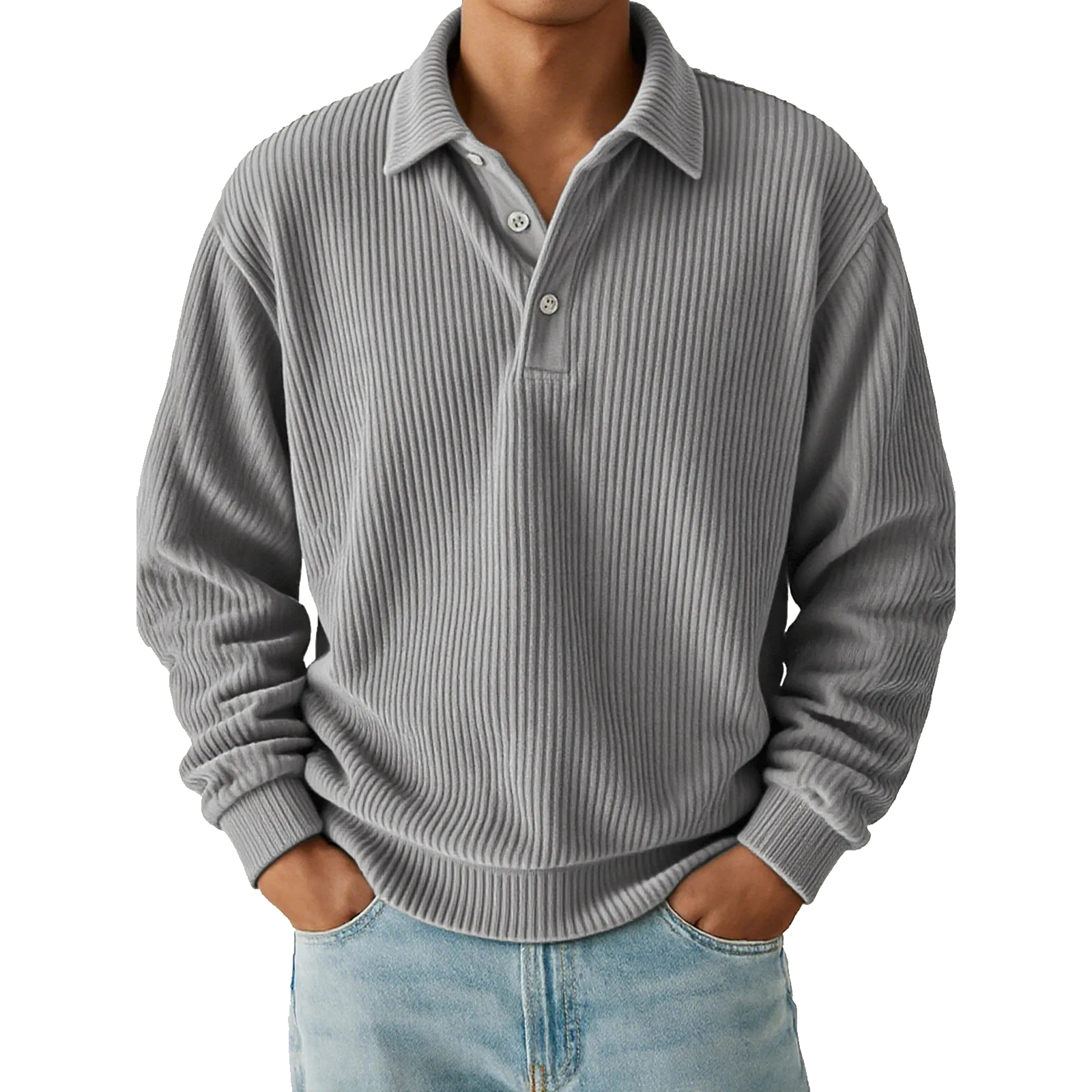 Men's Corduroy Textured Long Sleeve Polo Shirt