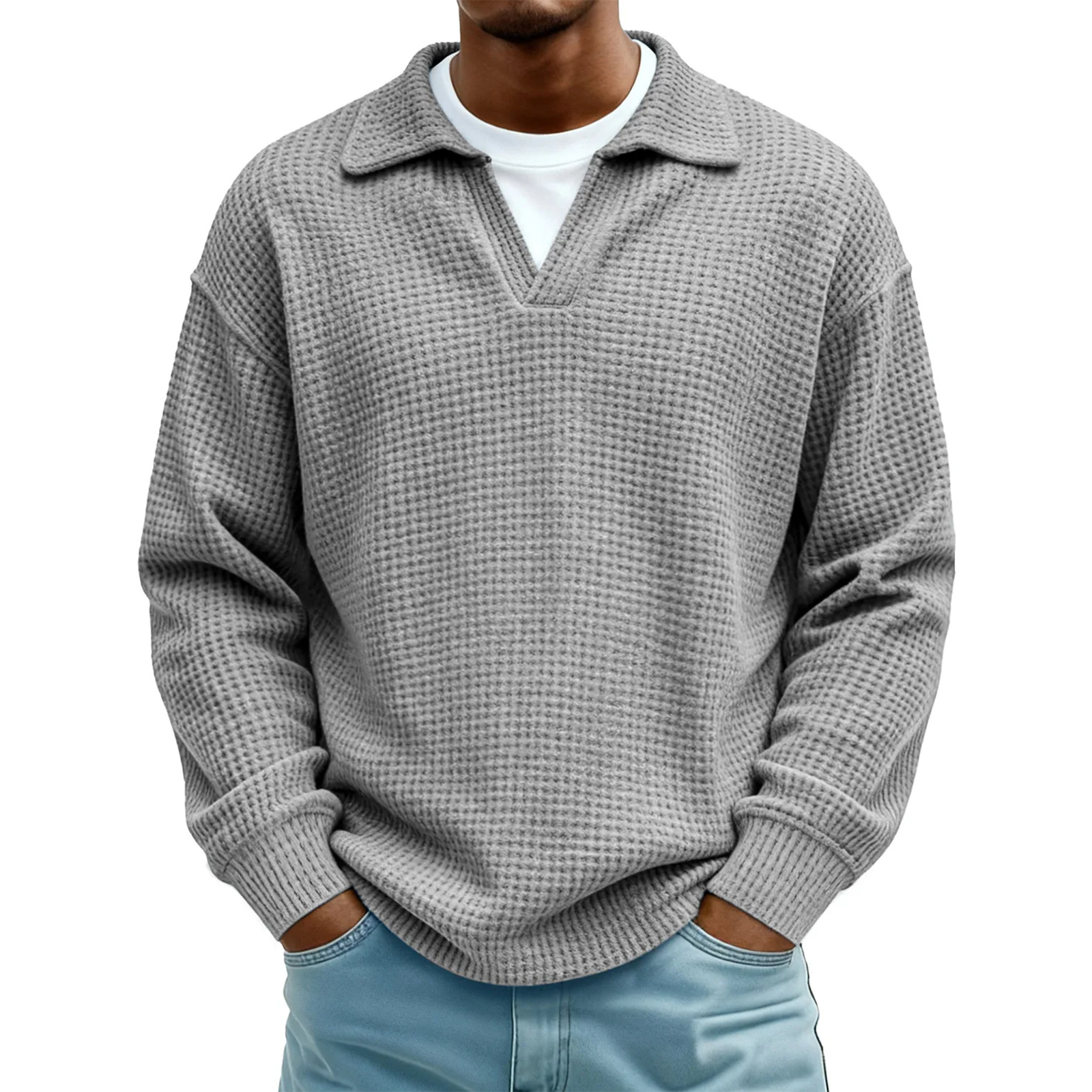 Men's Waffle Knit Long Sleeve Polo Sweater