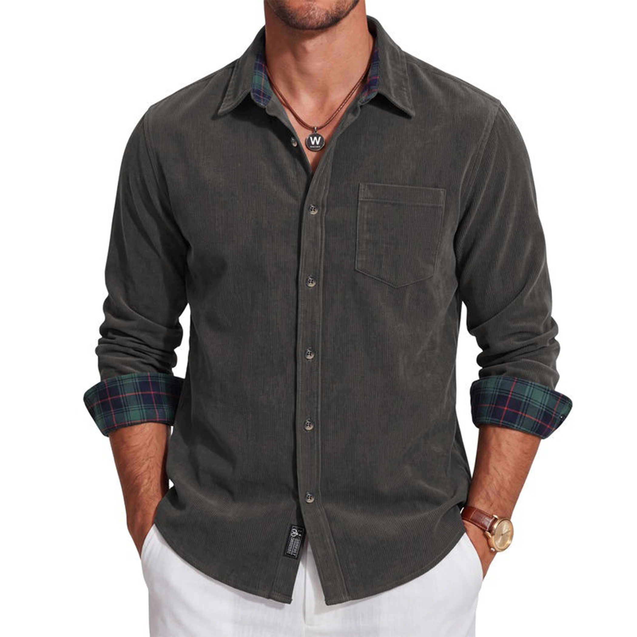 Men's Corduroy Button-Up Shirt with Plaid Trim