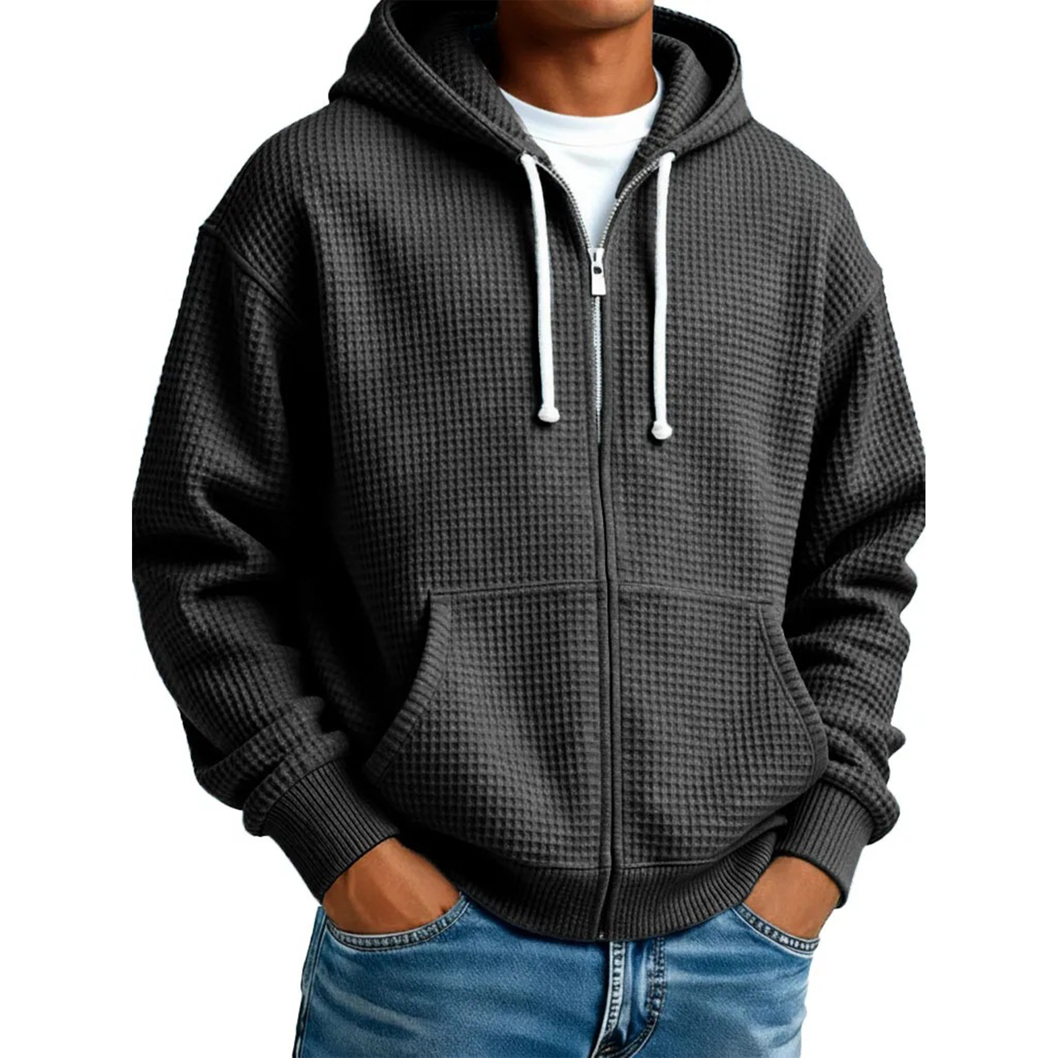Men's Waffle Knit Full-Zip Long Sleeve Hoodie