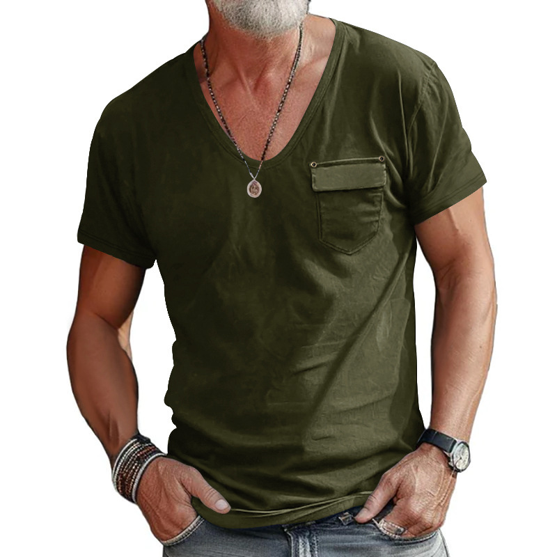Men's Solid Color U-neck Short Sleeve T-shirt