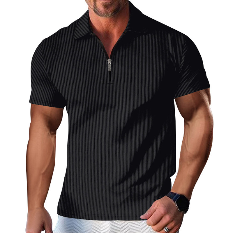 Men's Casual Striped Zip Short Sleeve Polo Shirt
