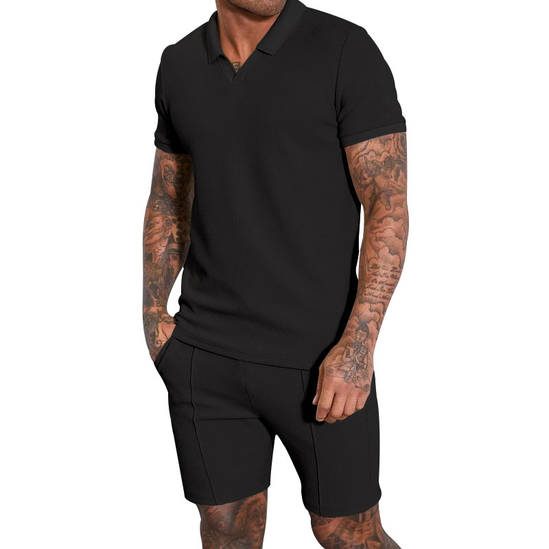 Men's Waffle Knit V-neck Short Sleeve Two Piece Set