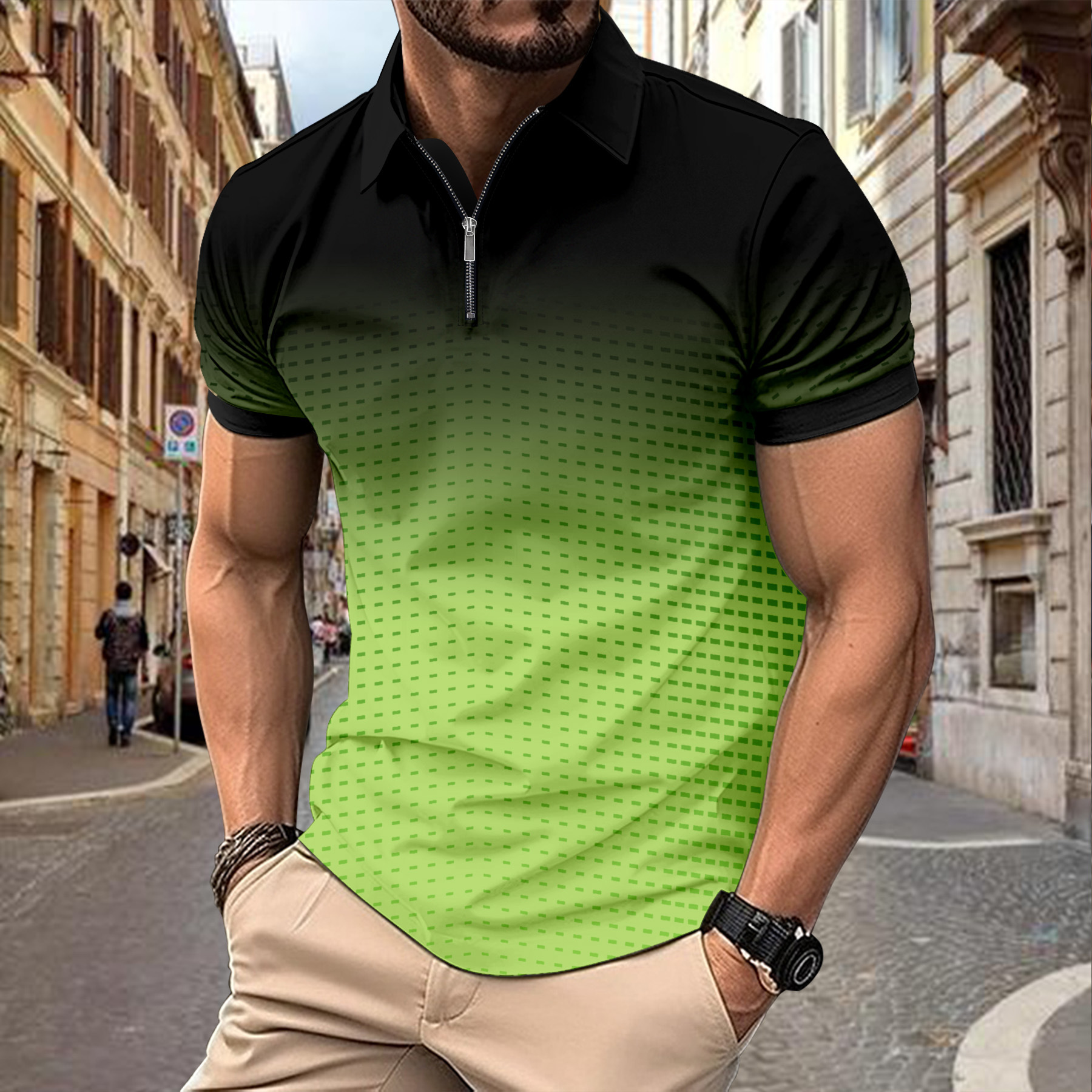 Men's Gradient Printed Zipper Short Sleeve Polo Shirt