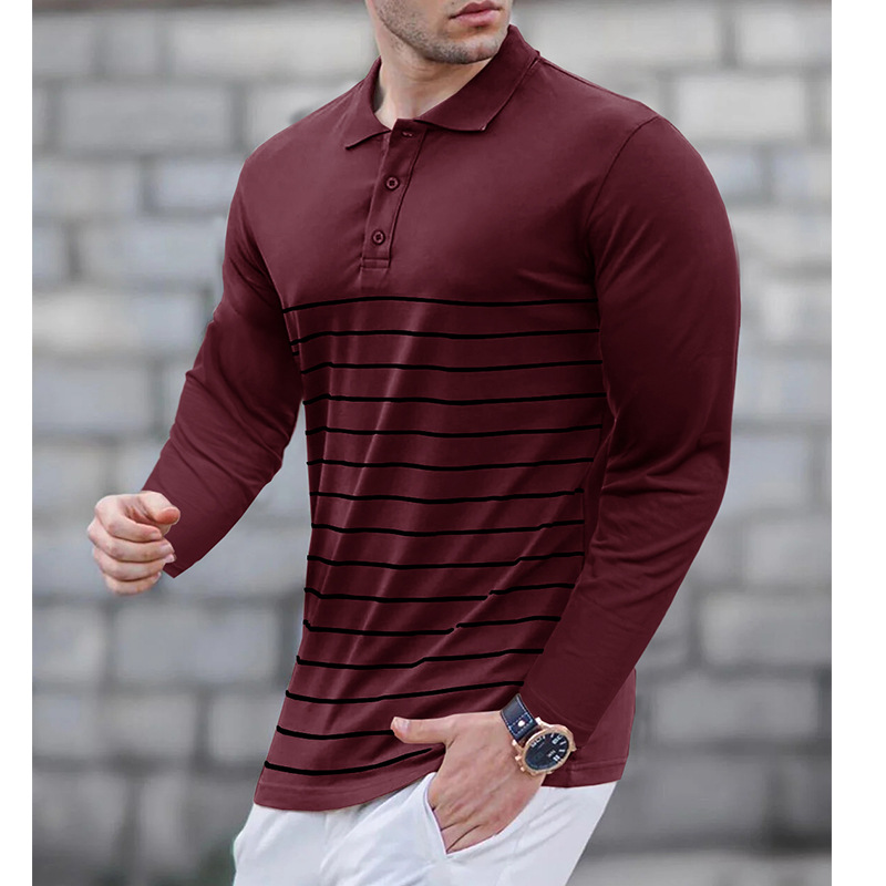 Autumn Winter Long-Sleeve Polo Shirt for Men, Striped Print Turn-Down Collar