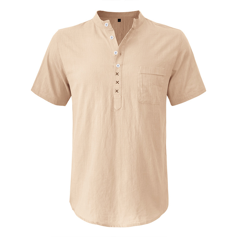 Men's Hawaiian Short Sleeve Beach Shirt Henley Cotton Linen Shirt