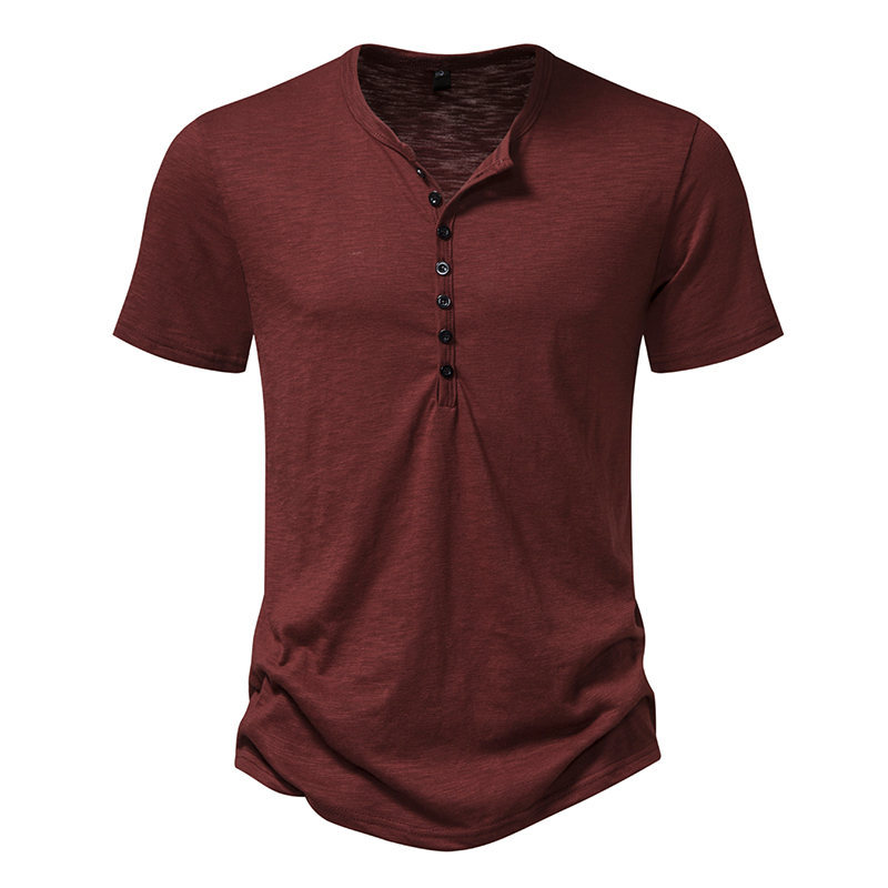 Men's Henley Neck Casual Fashion Solid Color Slub Cotton Short Sleeve T-Shirt