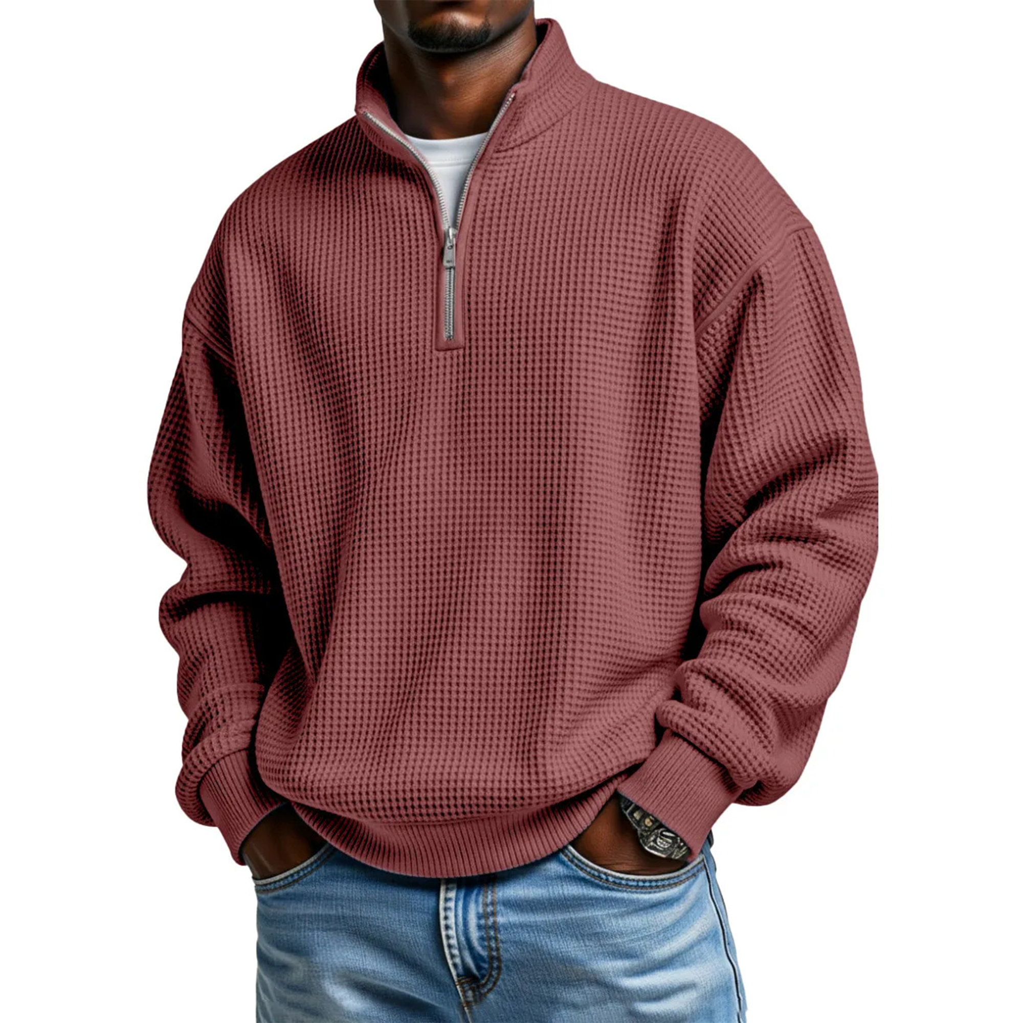 Men's Waffle Knit Quarter-Zip Pullover Sweatshirt