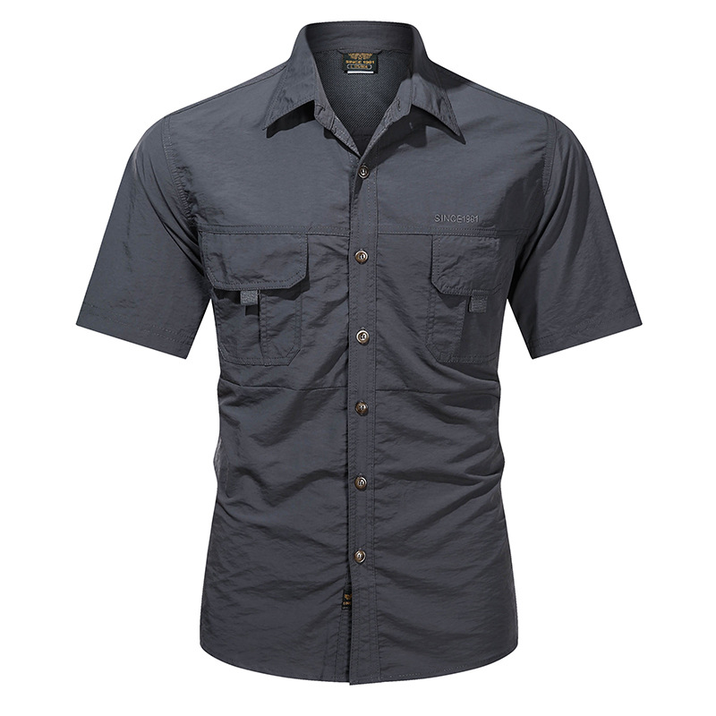 Men's Military Style Cotton Work Shirt – Slim Fit Short Sleeve