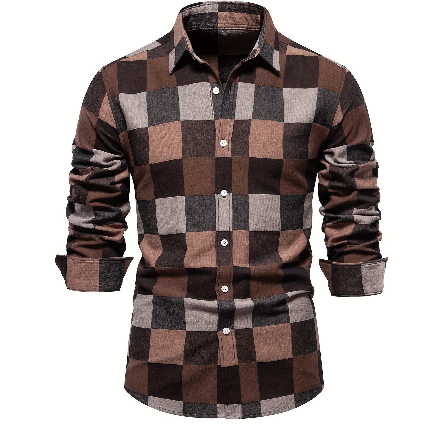 Men's Color Block Plaid Pattern Trendy Street Long Sleeve Button Up Shirt
