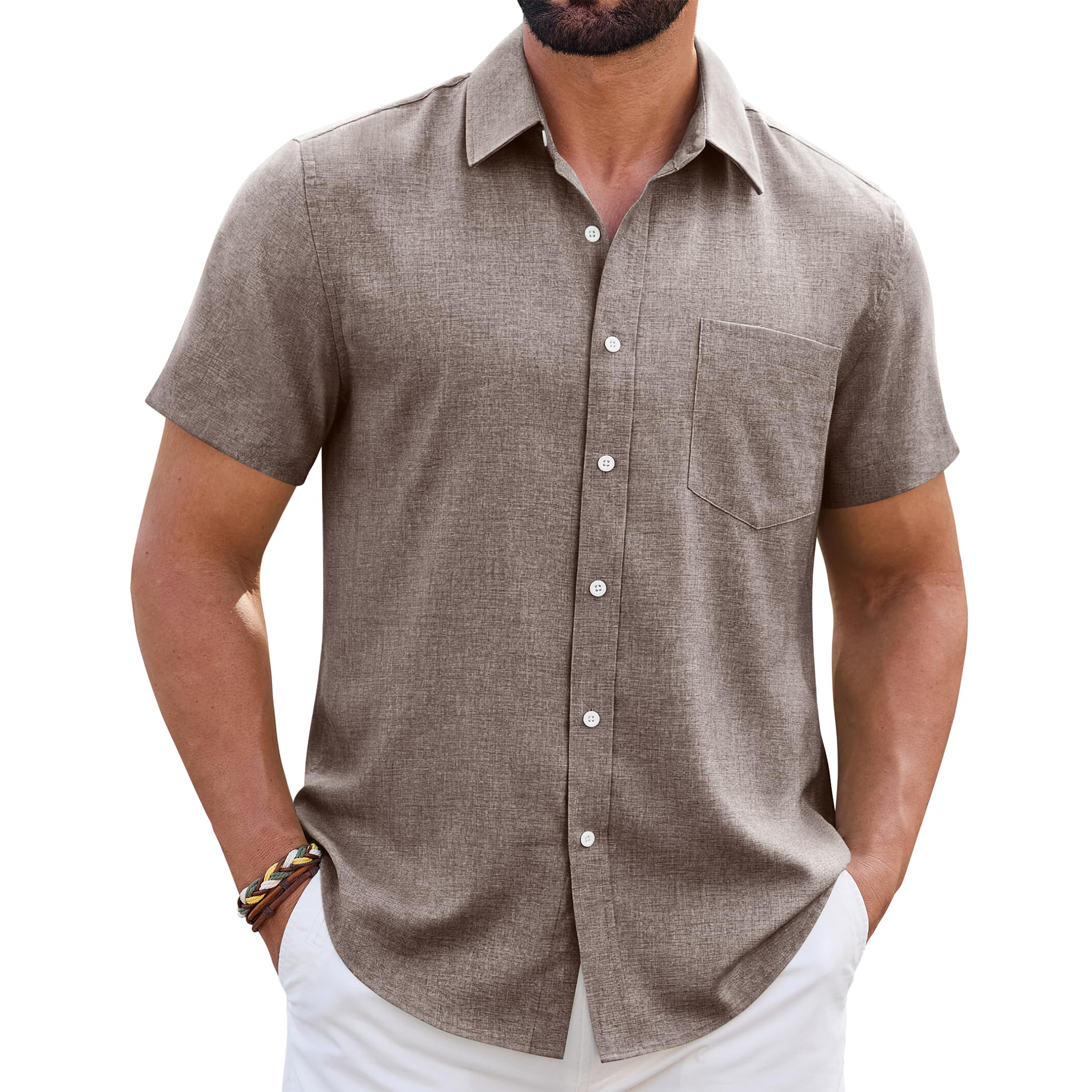 Men's Linen Short Sleeve Shirt with Chest Pocket