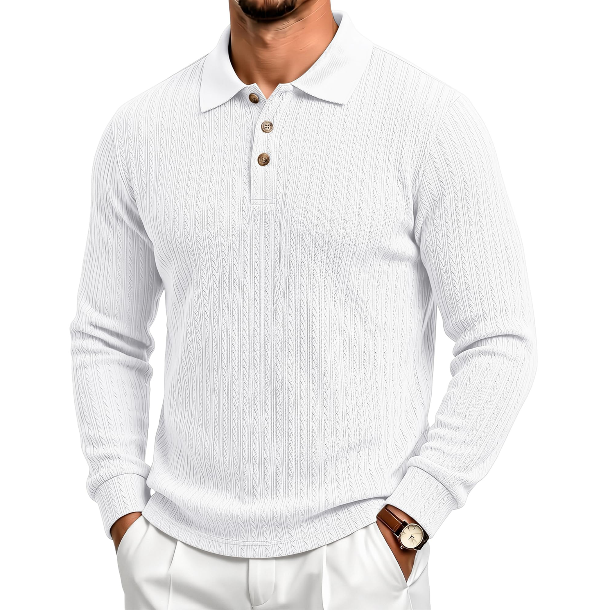 Men's Textured Jacquard Long Sleeve Polo Shirt
