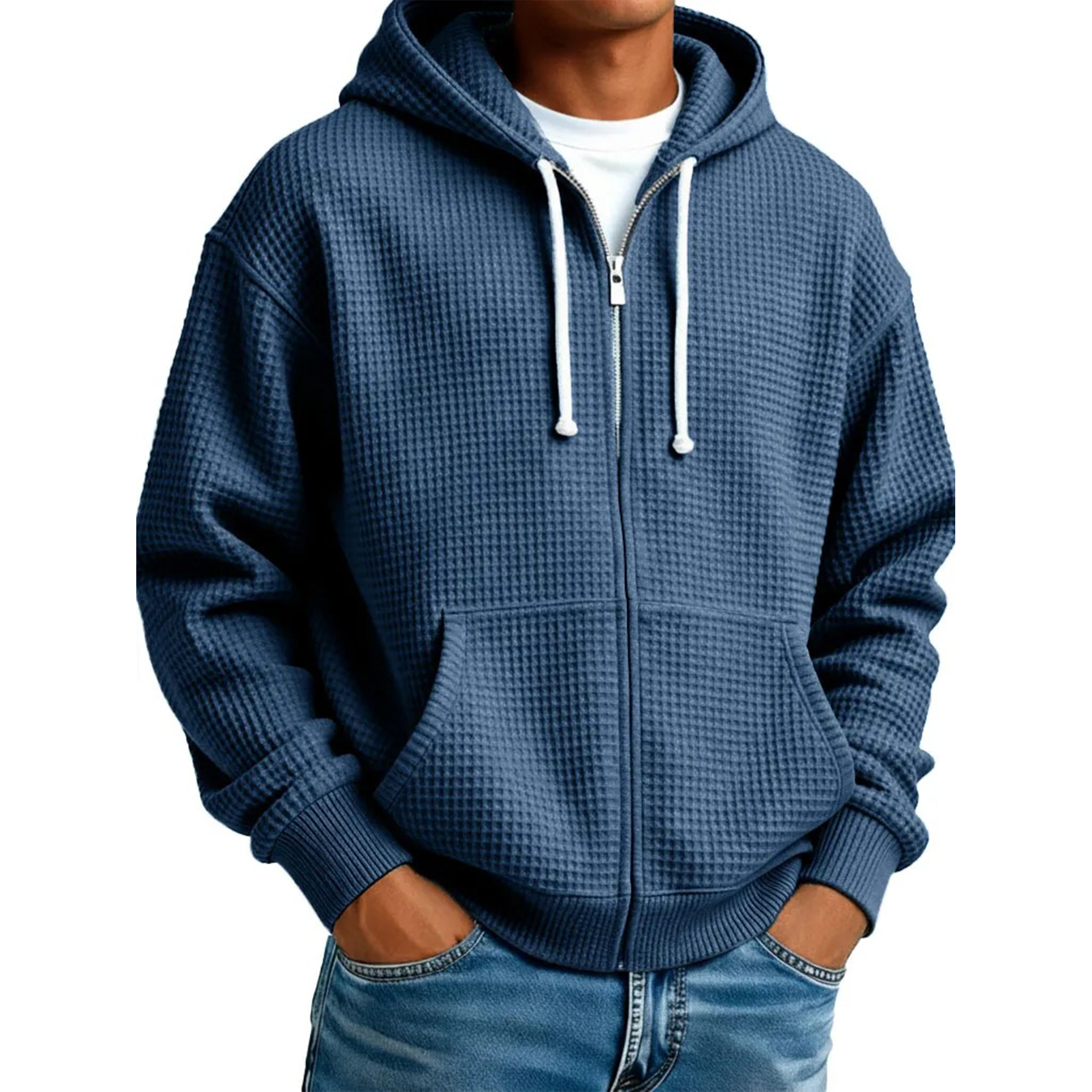Men's Waffle Knit Full-Zip Long Sleeve Hoodie
