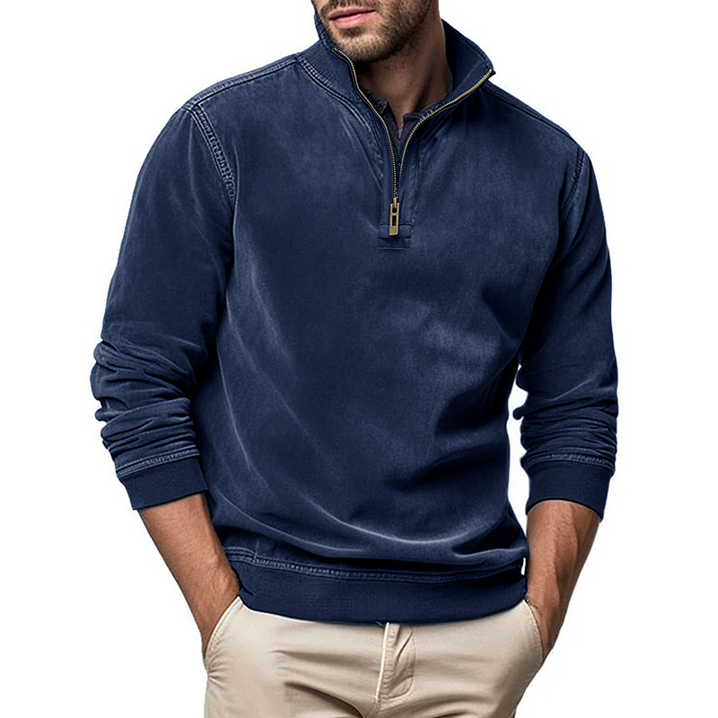 Men's Long Sleeve Zipper Stand Collar Henley Sweatshirt with Faux Leather Trim