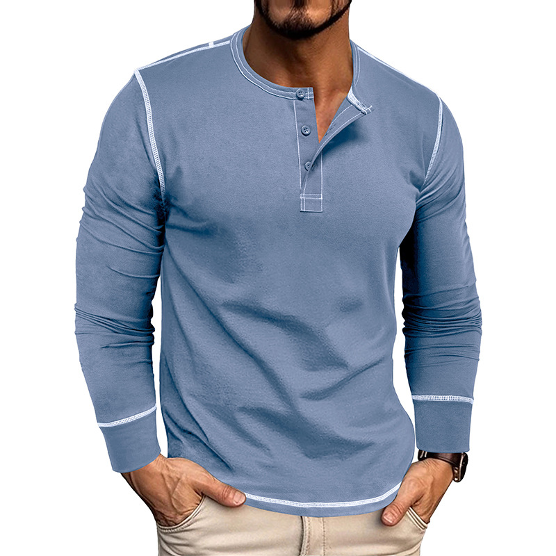 Men's Long Sleeve Henley Shirt - Color Block Crew Neck Tee