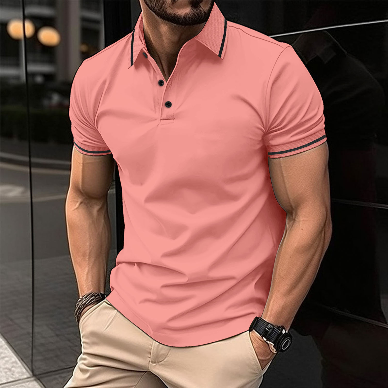 Men's Solid Color Buttoned Ribbed Collar Short Sleeve Polo Shirt