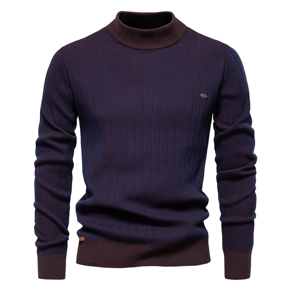 Men's Slim Fit Striped Sweater - Half Turtleneck Pullover for Winter
