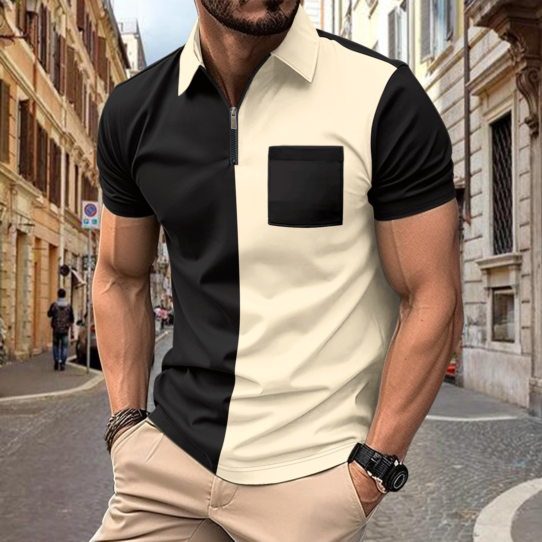 Men's Casual Half-Zip Lapel Short Sleeve Polo Shirt