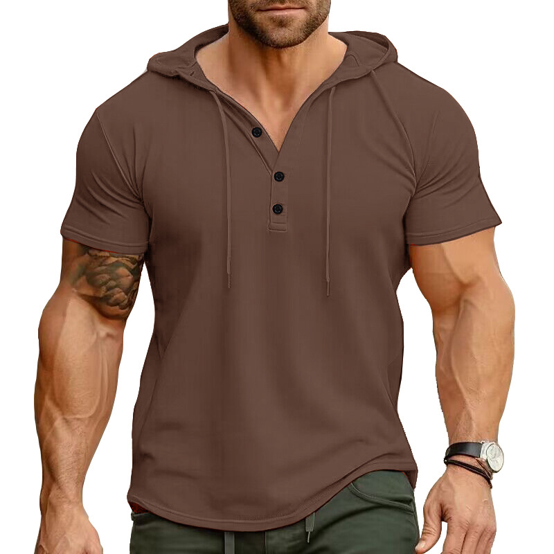 Men's Solid Color Stretch Slim Fit Short Sleeve Hooded Henley Shirt