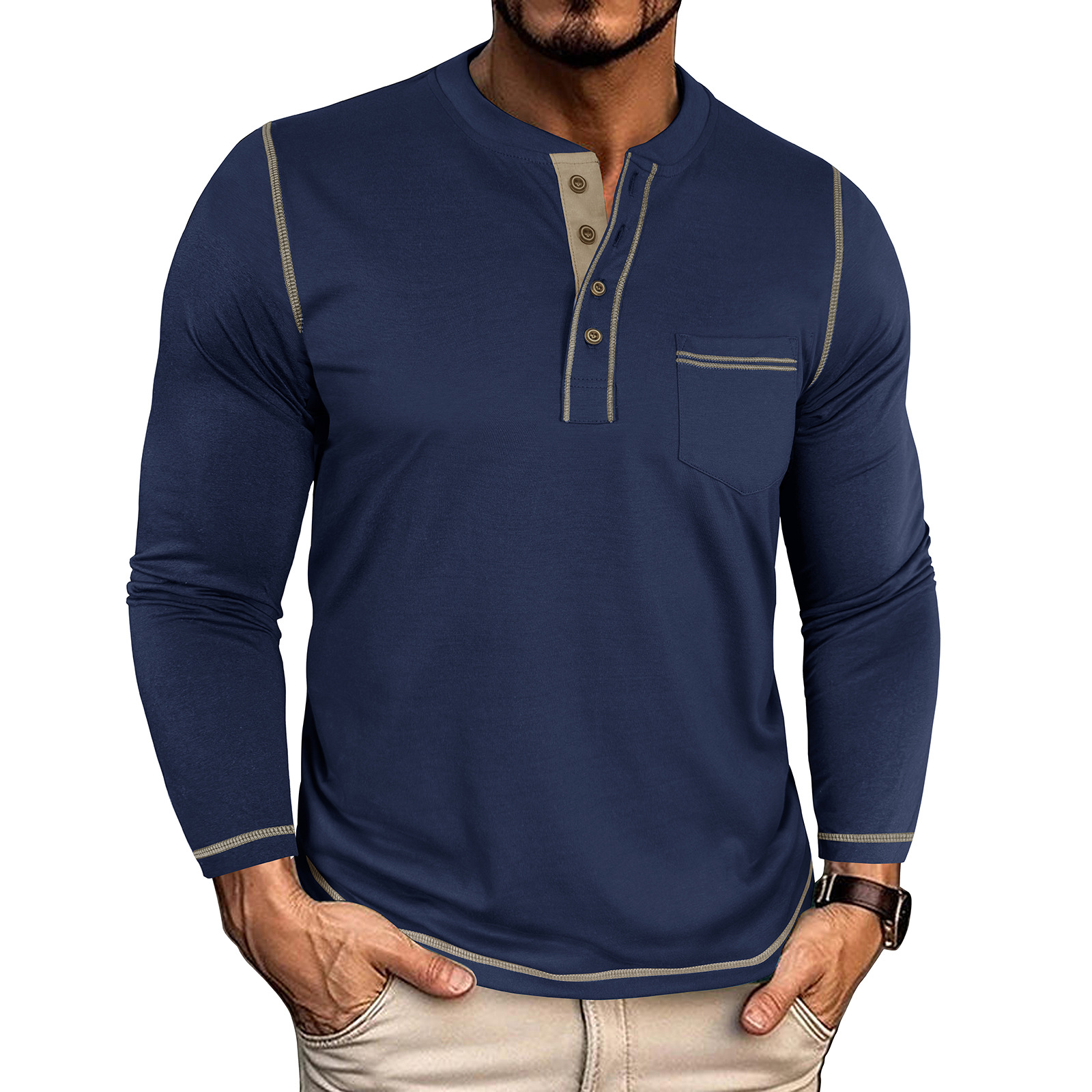 Men's Vintage Colorblock Henley Pocket T-Shirt