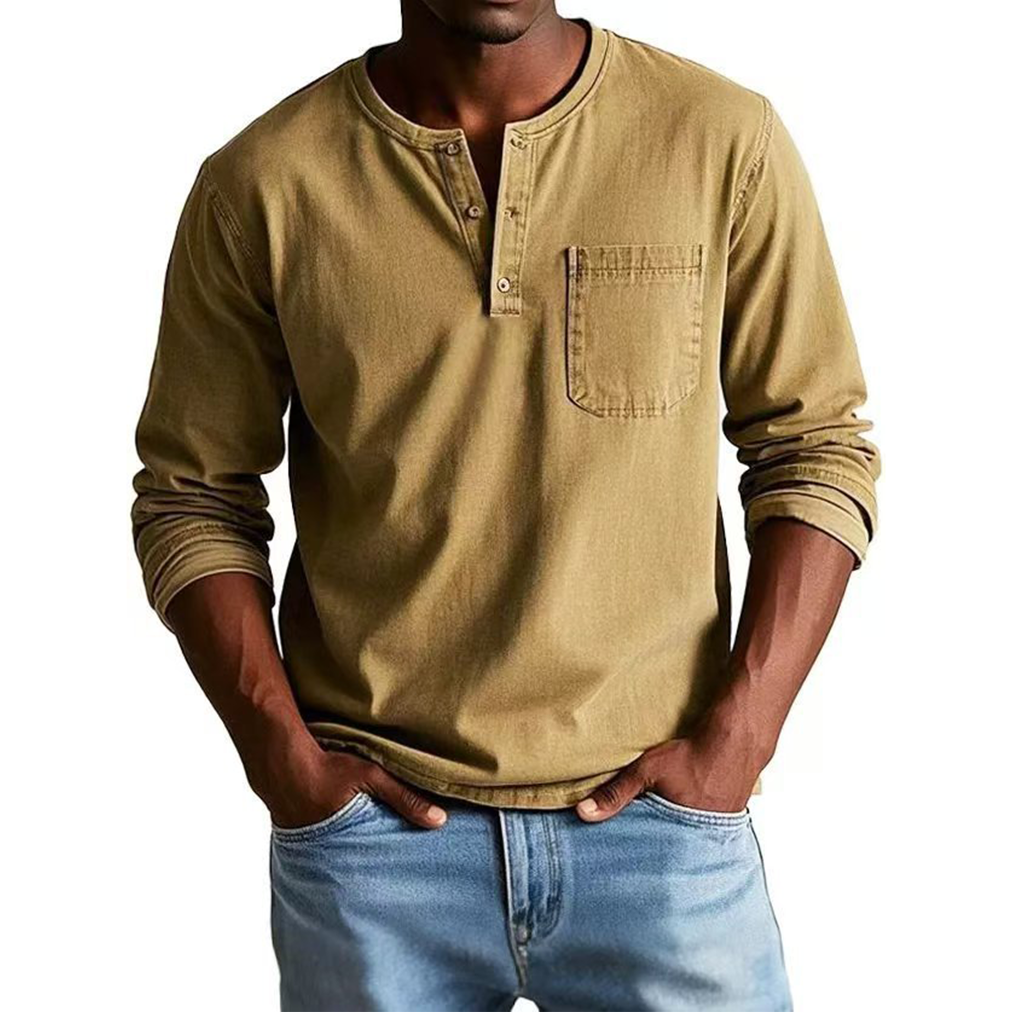 Men's Vintage Distressed Pocket Long Sleeve Henley Shirt