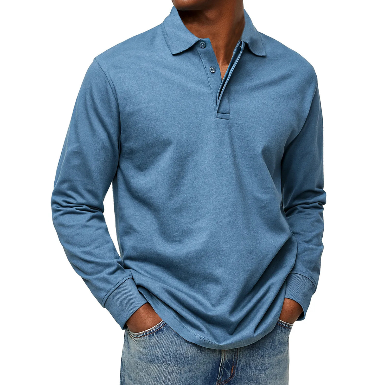 Men's Solid Color Long Sleeve Button Polo Shirt